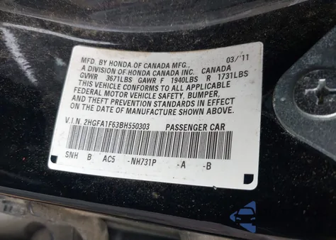 2011 Honda Civic Lx-S from USA, damaged, VIN 2HGFA1F63BH550303